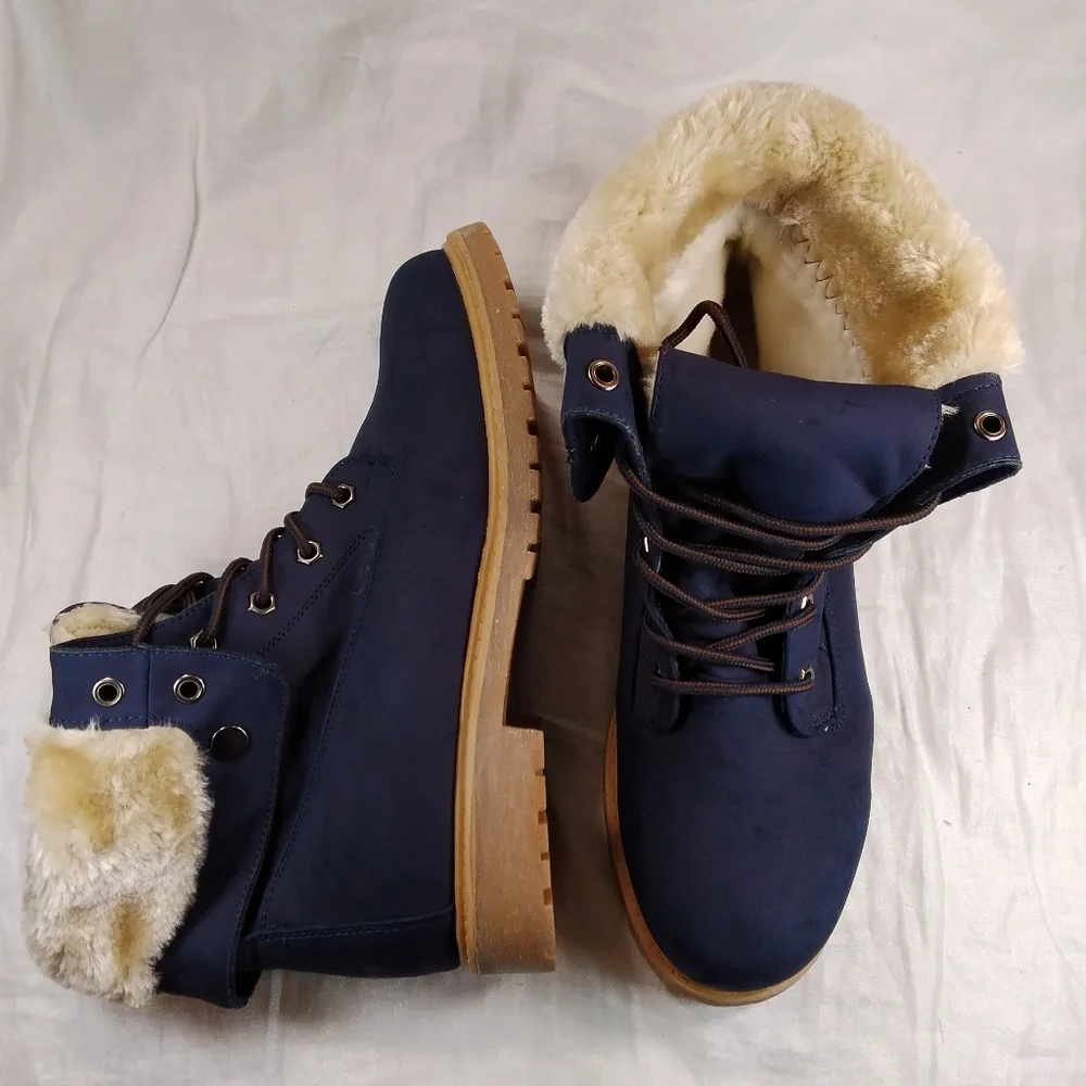 DREAM PAIRS Navy Blue BOOTS Womens Size 10 Faux Fur Lined Lace Up Fold Ankle